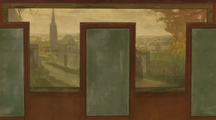 Framed Print : Sketch for the town hall of Vanves: Views of Vanves. Tram. Place de Vanves. Castle path... 1902. Creator: Jean Joseph Enders Framed Print : Sketch for the town hall of Vanves: Views of Vanves. Tram. Place de Vanves. Castle path... 1902. Creator: Jean Joseph Enders