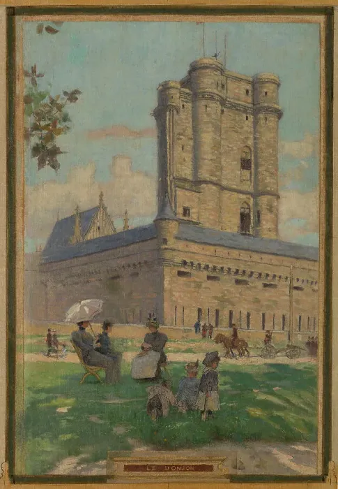 Framed Print : Sketch for the town hall of Vincennes: the chapel, keep, obelisk, the manoeuvring area... 1898. Creator: Maurice Chabas Framed Print : Sketch for the town hall of Vincennes: the chapel, keep, obelisk, the manoeuvring area... 1898. Creator: Maurice Chabas