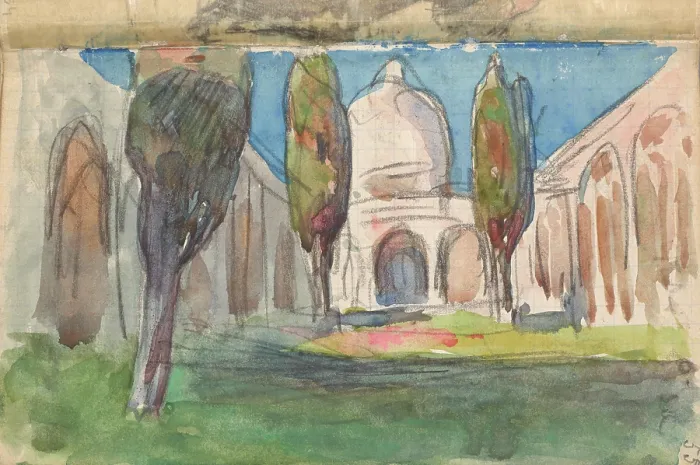 Framed Print : Sketchbook No. 2 - Landscape study - Moorish arcaded courtyard with cypresses... 1893. Creator: Jan Stanislawski Framed Print : Sketchbook No. 2 - Landscape study - Moorish arcaded courtyard with cypresses... 1893. Creator: Jan Stanislawski