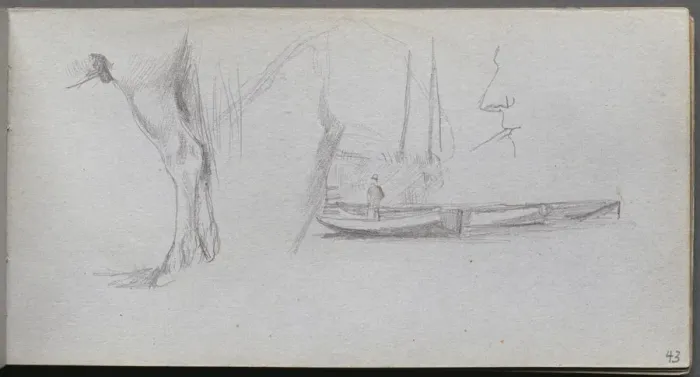 Framed Print : Sketchbook, page 43: Studies: Horses leg, Figure in a Boat, and Profile. Creator Framed Print : Sketchbook, page 43: Studies: Horses leg, Figure in a Boat, and Profile. Creator