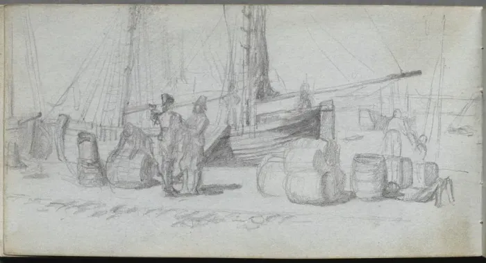 Framed Print : Sketchbook, page 50: Boats, Figures, Cargo on a Beach. Creator: Ernest Meissonier (French Framed Print : Sketchbook, page 50: Boats, Figures, Cargo on a Beach. Creator: Ernest Meissonier (French