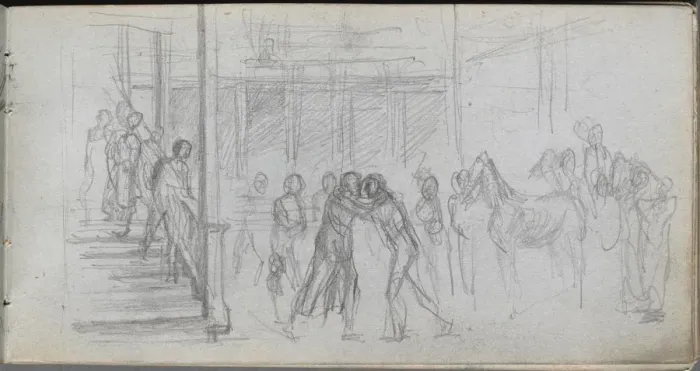 Framed Print : Sketchbook, page 62: Figure Study, Stairway, Horse. Creator: Ernest Meissonier (French, 1815-1891) Framed Print : Sketchbook, page 62: Figure Study, Stairway, Horse. Creator: Ernest Meissonier (French, 1815-1891)