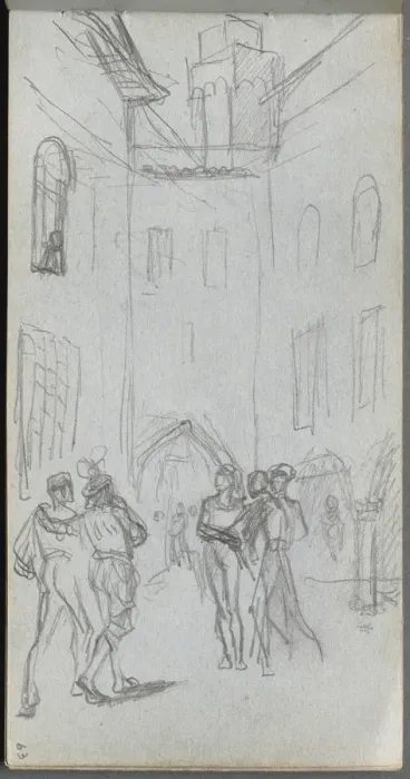 Framed Print : Sketchbook, page 63: Figures in a Courtyard. Creator: Ernest Meissonier (French, 1815-1891) Framed Print : Sketchbook, page 63: Figures in a Courtyard. Creator: Ernest Meissonier (French, 1815-1891)