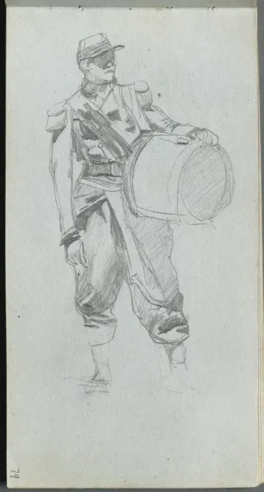 Framed Print : Sketchbook, page 79: Soldier with Drum. Creator: Ernest Meissonier (French, 1815-1891) Framed Print : Sketchbook, page 79: Soldier with Drum. Creator: Ernest Meissonier (French, 1815-1891)