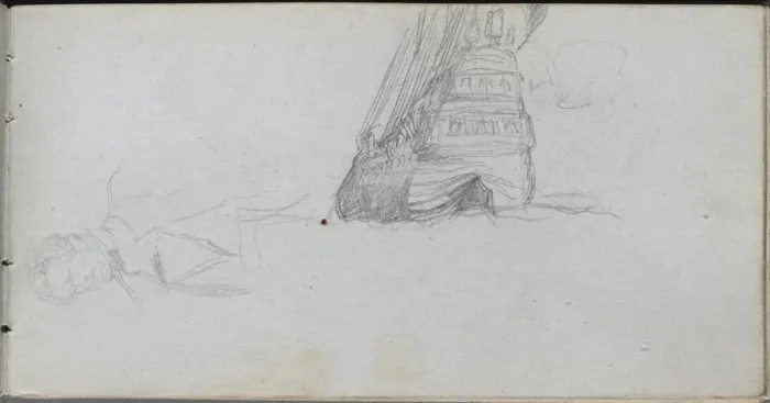 Framed Print : Sketchbook, page 84: Figure Study, Study of a Ship. Creator: Ernest Meissonier (French, 1815-1891) Framed Print : Sketchbook, page 84: Figure Study, Study of a Ship. Creator: Ernest Meissonier (French, 1815-1891)