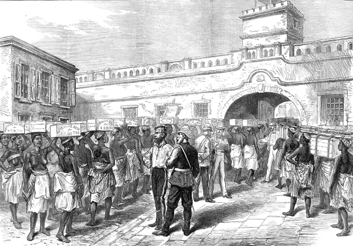 Framed Print : Sketches of the Ashantee War: women leaving Cape Coast Castle with provisions for the troops, 1874. Creator: Unknown Framed Print : Sketches of the Ashantee War: women leaving Cape Coast Castle with provisions for the troops, 1874. Creator: Unknown