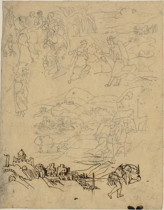 Framed Print : Sketches of Biblical Scenes, Town by Lake, Mountain Village, Warrior, n. d