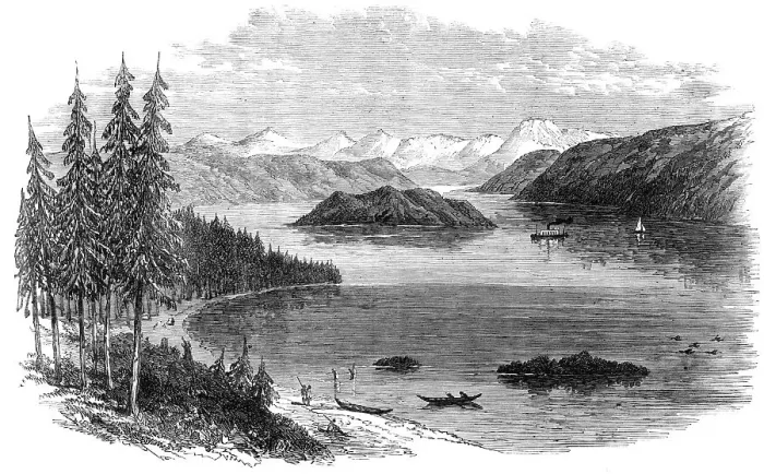 Framed Print : Sketches in British Columbia: Harrison Lake, with the Cascade Mountains in the distance, 1864. Creator: Unknown Framed Print : Sketches in British Columbia: Harrison Lake, with the Cascade Mountains in the distance, 1864. Creator: Unknown