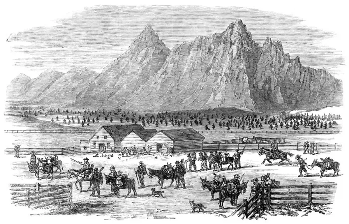 Framed Print : Sketches in British Columbia: scene at the fountain near Parsonville, Fraser River, 1864. Creator: Unknown Framed Print : Sketches in British Columbia: scene at the fountain near Parsonville, Fraser River, 1864. Creator: Unknown