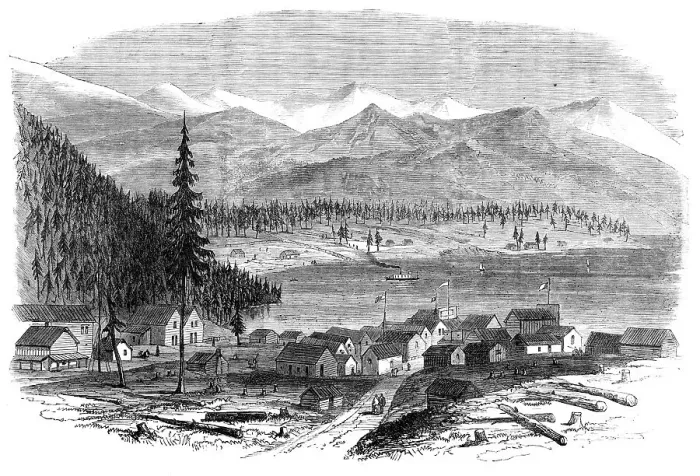 Framed Print : Sketches in British Columbia: the town of Douglas, and Douglas Lake, 1864. Creator: Unknown Framed Print : Sketches in British Columbia: the town of Douglas, and Douglas Lake, 1864. Creator: Unknown