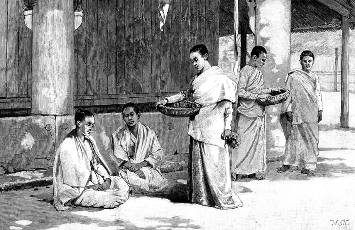 Framed Print : Sketches in Burmah: a Buddhist monastery - Burmese nuns or female servants of the pagodas, 1890. Creator: Unknown Framed Print : Sketches in Burmah: a Buddhist monastery - Burmese nuns or female servants of the pagodas, 1890. Creator: Unknown