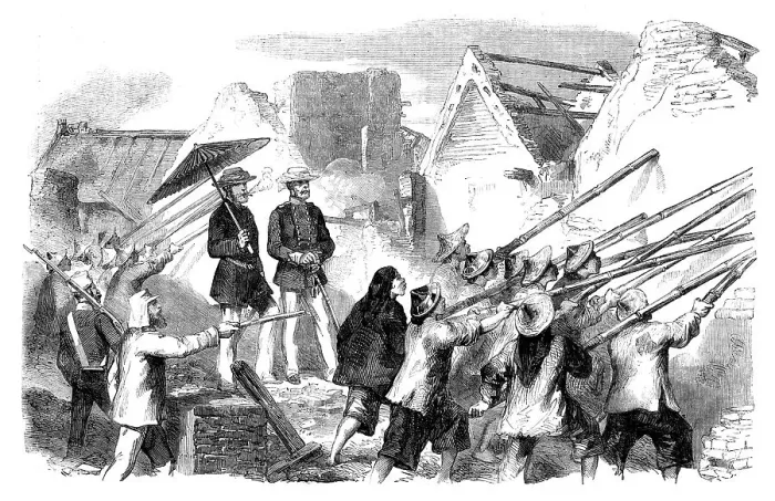 Framed Print : Sketches at Canton - Demolishing Houses, 1858. Creator: Unknown Framed Print : Sketches at Canton - Demolishing Houses, 1858. Creator: Unknown