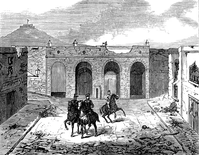 Framed Print : Sketches at Cartagena after the Siege: inside Madrid Gate, 1874. Creator: Unknown Framed Print : Sketches at Cartagena after the Siege: inside Madrid Gate, 1874. Creator: Unknown