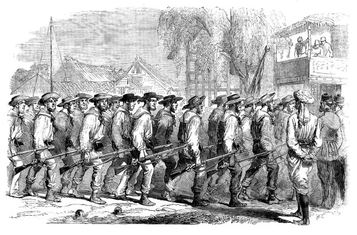 Framed Print : Sketches in China - the Sanspareil Naval Brigade landing at Canton, 1858. Creator: Unknown. Sketches in China - the Sanspareil Naval Brigade landing at Canton, 1858. Creator: Unknown Framed Print : Sketches in China - the Sanspareil Naval Brigade landing at Canton, 1858. Creator: Unknown. Sketches in China - the Sanspareil Naval Brigade landing at Canton, 1858. Creator: Unknown