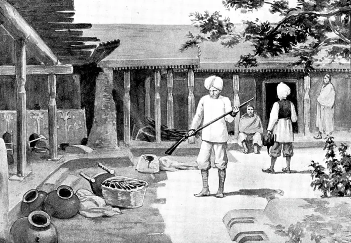 Framed Print : Sketches in Chitral: interior of a headman's house in Mian-Kili, 1895. Creator: George Meisenbach. Sketches in Chitral: interior of a headman's house in Mian-Kili, 1895 Framed Print : Sketches in Chitral: interior of a headman's house in Mian-Kili, 1895. Creator: George Meisenbach. Sketches in Chitral: interior of a headman's house in Mian-Kili, 1895