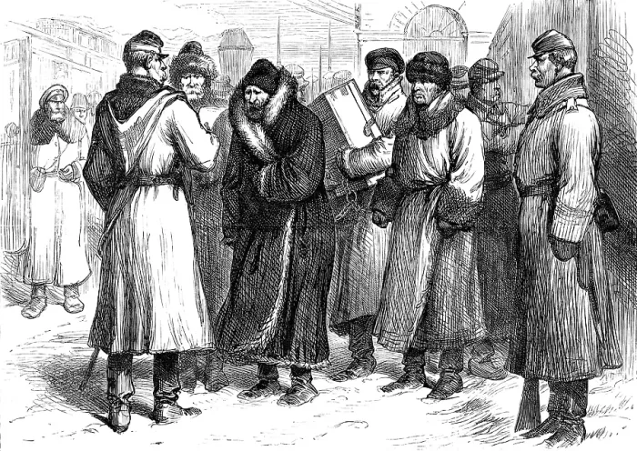 Framed Print : Sketches of the Crisis in Russia: prisoners at a railway station, 1880. Creator: Unknown Framed Print : Sketches of the Crisis in Russia: prisoners at a railway station, 1880. Creator: Unknown