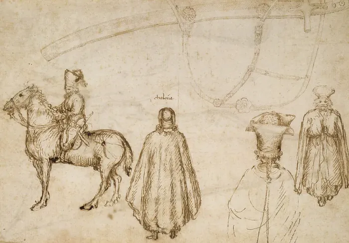 Framed Print : Sketches of the Emperor John VIII Palaeologus, a Monk, and a Scabbard, 1438. Creator: Pisanello Framed Print : Sketches of the Emperor John VIII Palaeologus, a Monk, and a Scabbard, 1438. Creator: Pisanello