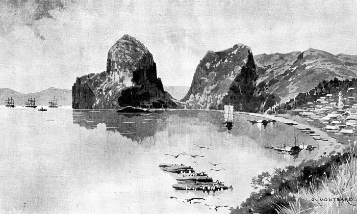 Framed Print : Sketches in Formosa: bay on the north side of Keeling, with fleet at anchor off the town, 1895. Creator: Unknown Framed Print : Sketches in Formosa: bay on the north side of Keeling, with fleet at anchor off the town, 1895. Creator: Unknown