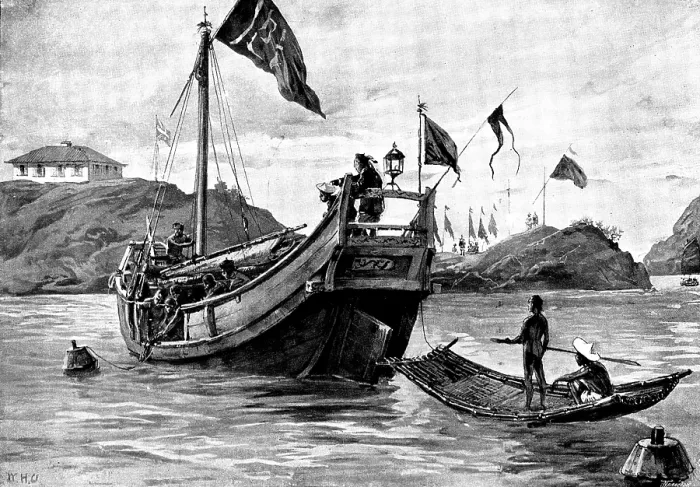 Framed Print : Sketches in Formosa: 'Black Flag' soldiers laying down mines at the entrance to Takow Harbour, 1895. Creator: George Meisenbach Framed Print : Sketches in Formosa: 'Black Flag' soldiers laying down mines at the entrance to Takow Harbour, 1895. Creator: George Meisenbach
