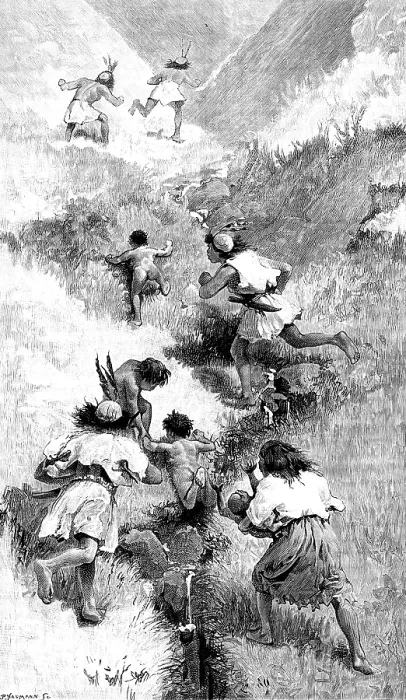 Framed Print : Sketches in Formosa: flight of savage chief and his tribe, 1890. Creator: P Naumann Framed Print : Sketches in Formosa: flight of savage chief and his tribe, 1890. Creator: P Naumann