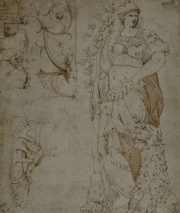 Framed Print : Three Sketches: Fortitude, a Sandal, and Grotesques (recto); Sketches of Grotesques... 1560 / 69. Creator: Unknown Framed Print : Three Sketches: Fortitude, a Sandal, and Grotesques (recto); Sketches of Grotesques... 1560 / 69. Creator: Unknown