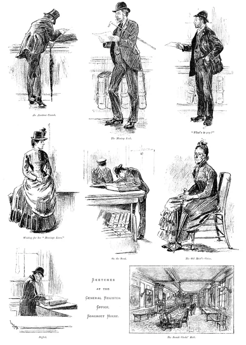 Framed Print : Sketches at the General Register Office, Somerset House, 1890. Creator: Unknown Framed Print : Sketches at the General Register Office, Somerset House, 1890. Creator: Unknown