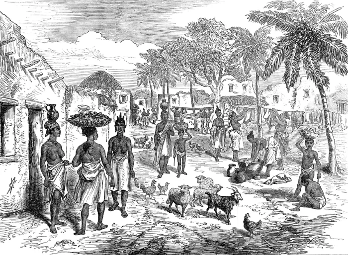 Framed Print : Sketches from the Gold Coast by our special artist: street scene, Cape Coast Castle, 1874. Creator: Unknown Framed Print : Sketches from the Gold Coast by our special artist: street scene, Cape Coast Castle, 1874. Creator: Unknown
