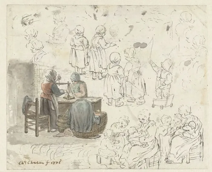 Framed Print : Sketches of gold being weighed, and children, 1771. Creator: Christina Chalon Framed Print : Sketches of gold being weighed, and children, 1771. Creator: Christina Chalon