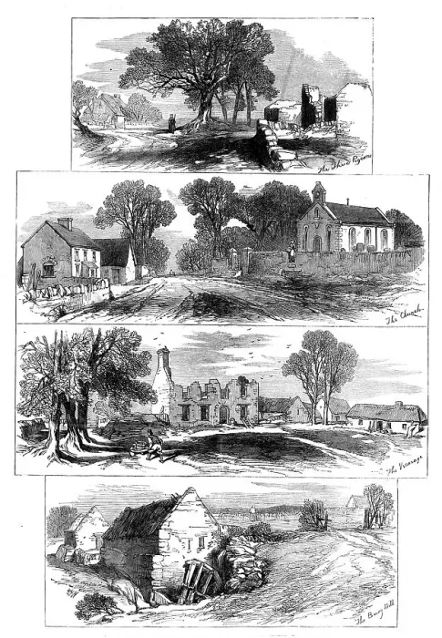 Framed Print : Sketches of Goldsmith's Deserted Village, Lishoy or Auburn, near Athlone, 1871. Creator: Unknown Framed Print : Sketches of Goldsmith's Deserted Village, Lishoy or Auburn, near Athlone, 1871. Creator: Unknown