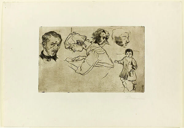 Sketches of Four Heads and a Child, 1907. Creator: Umberto Boccioni