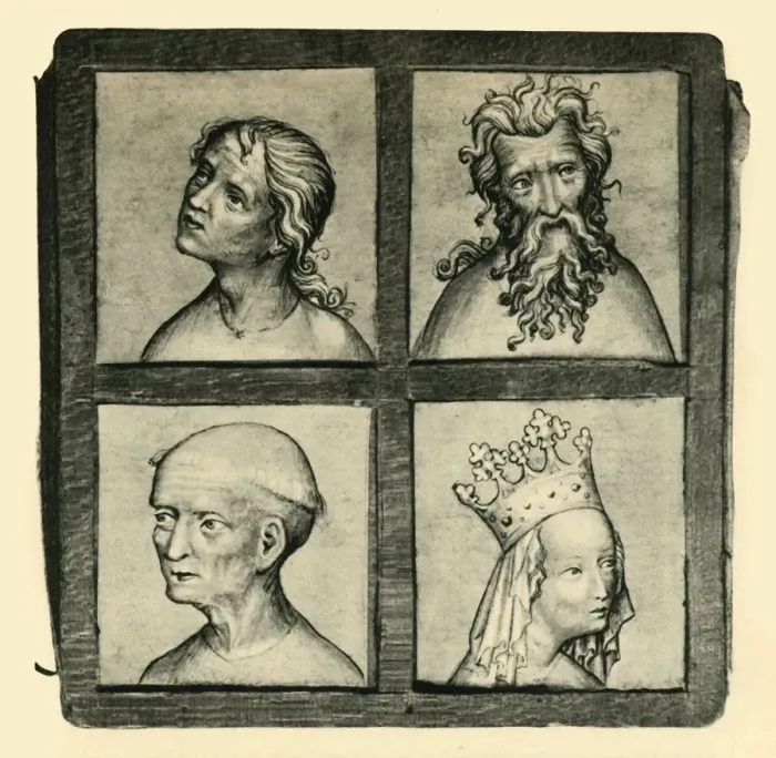 Framed Print : Sketches of heads, early 15th century, (1943). Creator: Unknown Framed Print : Sketches of heads, early 15th century, (1943). Creator: Unknown