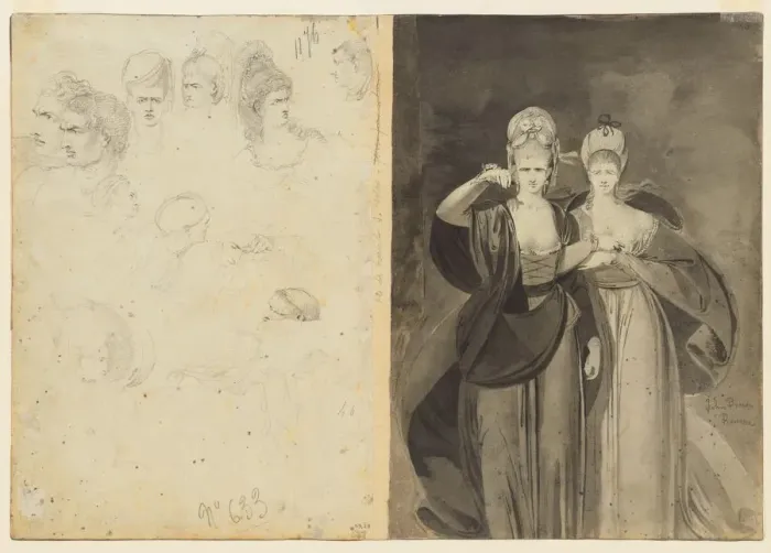 Framed Print : Sketches of Heads (verso, left); Two Women (verso, right), c. 1770-1775. Creator: John Brown Framed Print : Sketches of Heads (verso, left); Two Women (verso, right), c. 1770-1775. Creator: John Brown