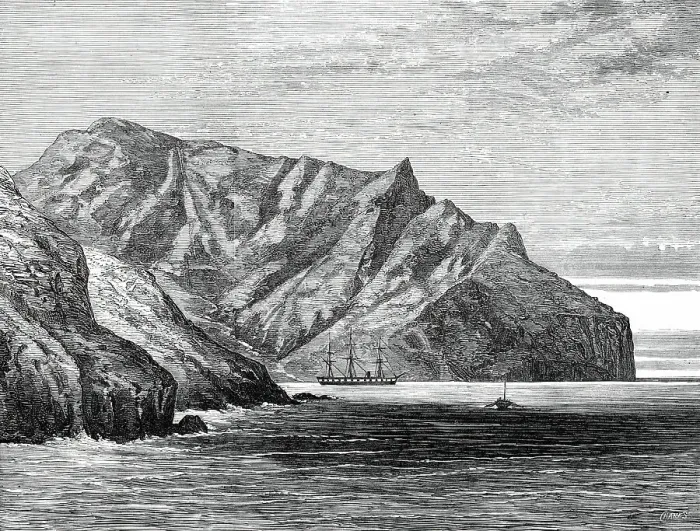 Framed Print : Sketches from H.M.S. Challenger, by Mr. J. J. Wild: the Challenger in Cumberland Bay...1876. Creator: John Greenaway Framed Print : Sketches from H.M.S. Challenger, by Mr. J. J. Wild: the Challenger in Cumberland Bay...1876. Creator: John Greenaway