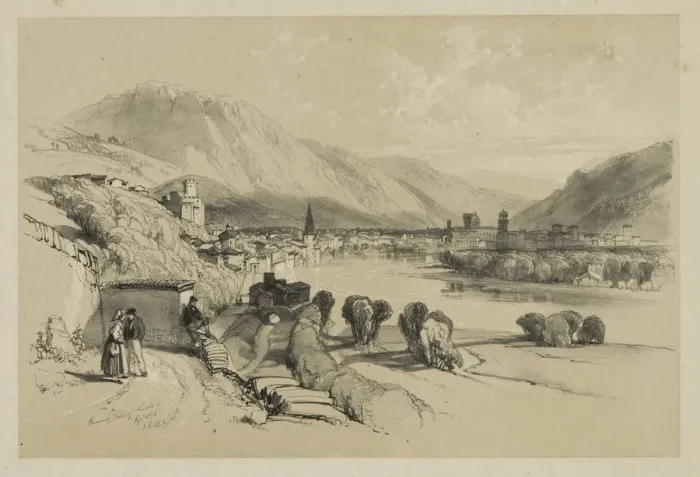 Framed Print : Sketches at Home and Abroad: General View of Trento, 1834. Creator: James Duffield Harding Framed Print : Sketches at Home and Abroad: General View of Trento, 1834. Creator: James Duffield Harding