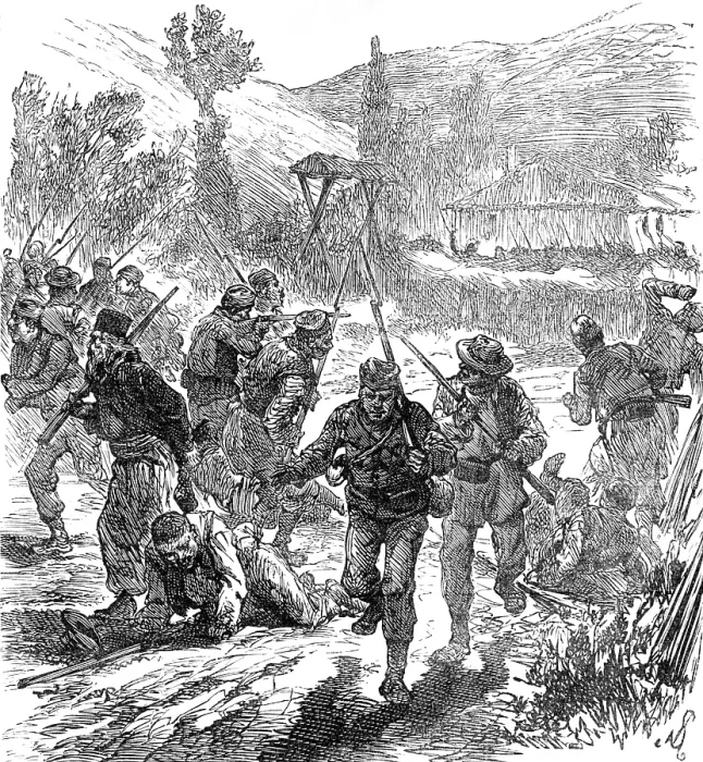 Framed Print : Sketches of the Insurrection in Servia; Fighting between Government Troops and Insurgents... 1883. Creator: Unknown Framed Print : Sketches of the Insurrection in Servia; Fighting between Government Troops and Insurgents... 1883. Creator: Unknown