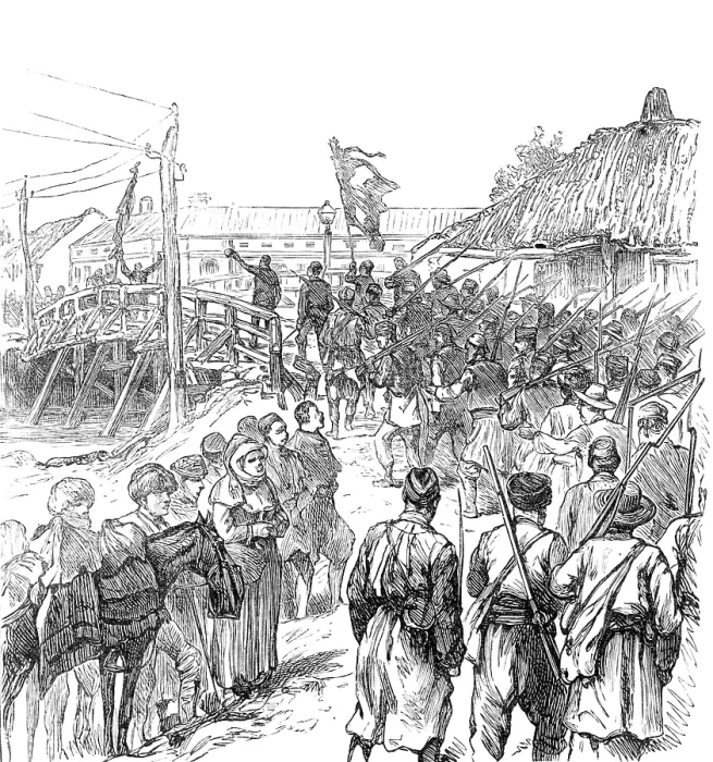 Framed Print : Sketches of the Insurrection in Servia; Insurgents Marching through Paratchin, 1883. Creator: Unknown Framed Print : Sketches of the Insurrection in Servia; Insurgents Marching through Paratchin, 1883. Creator: Unknown