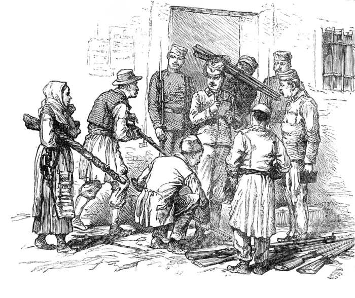 Framed Print : Sketches of the Insurrection in Servia; Receiving the Weapons given up, 1883. Creator: Unknown Framed Print : Sketches of the Insurrection in Servia; Receiving the Weapons given up, 1883. Creator: Unknown
