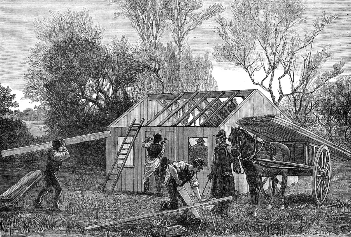 Framed Print : Sketches in Ireland: building a Land-League hut for evicted tenants, Hacketstown, Co. Carlow, 1881. Creator: Unknown Framed Print : Sketches in Ireland: building a Land-League hut for evicted tenants, Hacketstown, Co. Carlow, 1881. Creator: Unknown