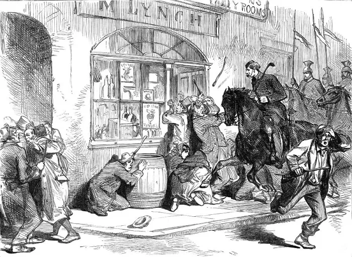 Framed Print : Sketches from Ireland: Lancers clearing the street of Granard at the Longford Election, 1870. Creator: Unknown Framed Print : Sketches from Ireland: Lancers clearing the street of Granard at the Longford Election, 1870. Creator: Unknown