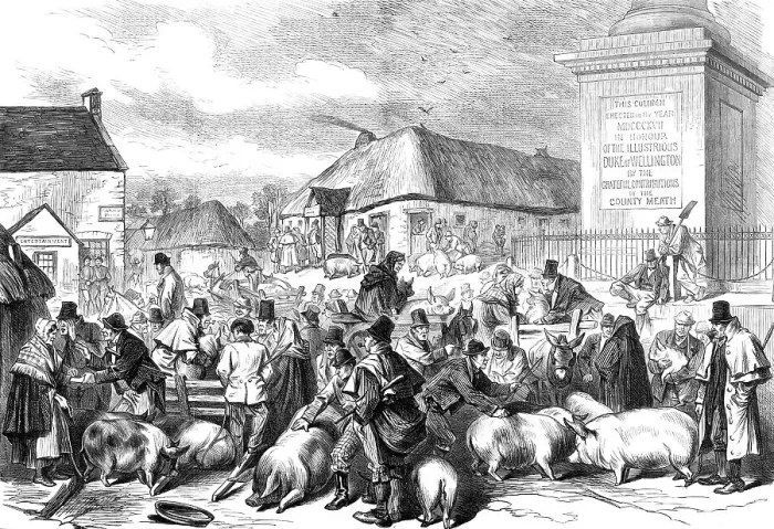 Framed Print : Sketches from Ireland: the Pig Fair at Trim, County Meath, 1870. Creator: Unknown Framed Print : Sketches from Ireland: the Pig Fair at Trim, County Meath, 1870. Creator: Unknown