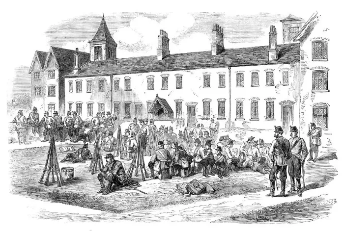 Framed Print : Sketches from Ireland: troops in the yard of the Poorhouse at Kells, 1870. Creator: Unknown Framed Print : Sketches from Ireland: troops in the yard of the Poorhouse at Kells, 1870. Creator: Unknown