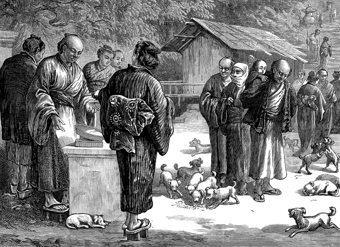 Framed Print : Sketches in Japan: feeding puppy-dogs at the Buddhist Temple of Oyama, 1873. Creator: Unknown Framed Print : Sketches in Japan: feeding puppy-dogs at the Buddhist Temple of Oyama, 1873. Creator: Unknown