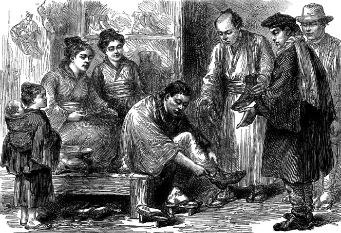 Framed Print : Sketches in Japan, by our special artist: the first pair of boots, 1873. Creator: Unknown Framed Print : Sketches in Japan, by our special artist: the first pair of boots, 1873. Creator: Unknown