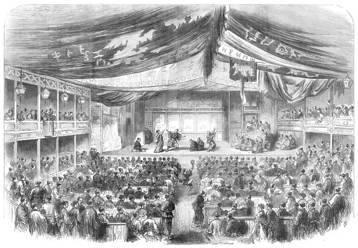 Framed Print : Sketches in Japan: the theatre at Osaka, 1868. Creator: Unknown Framed Print : Sketches in Japan: the theatre at Osaka, 1868. Creator: Unknown