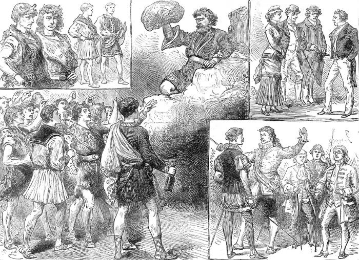 Framed Print : Sketches at King's College School Theatricals, 1881. Creator: Unknown. Sketches at King's College School Theatricals, 1881. Creator: Unknown Framed Print : Sketches at King's College School Theatricals, 1881. Creator: Unknown. Sketches at King's College School Theatricals, 1881. Creator: Unknown