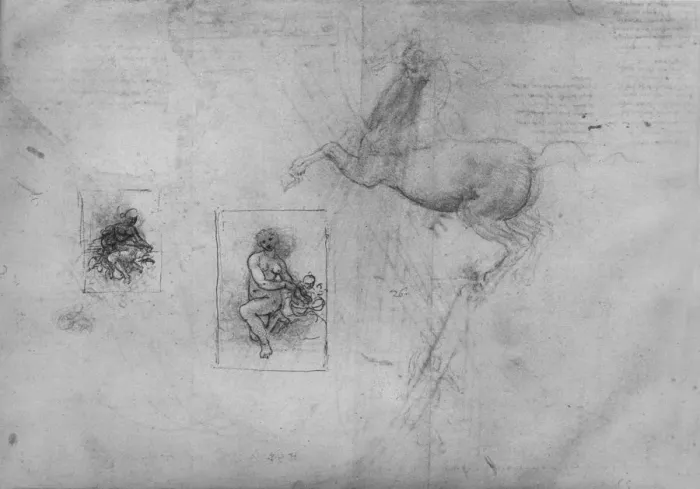 Framed Print : Sketches for a Kneeling Leda and of a Horse, c1480 (1945). Artist: Leonardo da Vinci Framed Print : Sketches for a Kneeling Leda and of a Horse, c1480 (1945). Artist: Leonardo da Vinci