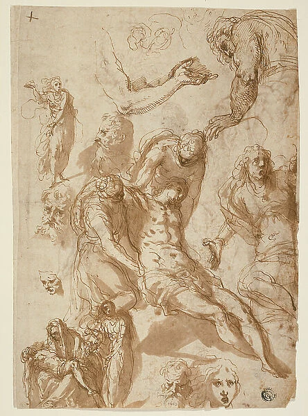 Sketches for a Lamentation and a Pietà, and of Various Figures, Heads... 1580 (r); 1576 / 80 (v). Creator: Jacopo Palma