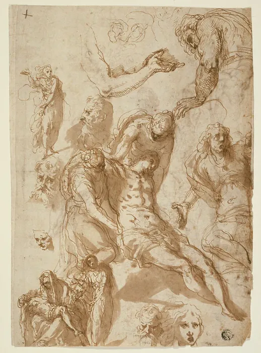 Framed Print : Sketches for a Lamentation and a Pietà, and of Various Figures, Heads... 1580 (r); 1576 / 80 (v). Creator: Jacopo Palma Framed Print : Sketches for a Lamentation and a Pietà, and of Various Figures, Heads... 1580 (r); 1576 / 80 (v). Creator: Jacopo Palma