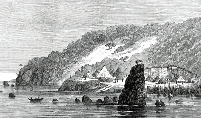 Framed Print : Sketches by Lieutenant Cameron in Central Africa: Kituta Village, Lake Tanganyika, 1876. Creator: Unknown Framed Print : Sketches by Lieutenant Cameron in Central Africa: Kituta Village, Lake Tanganyika, 1876. Creator: Unknown