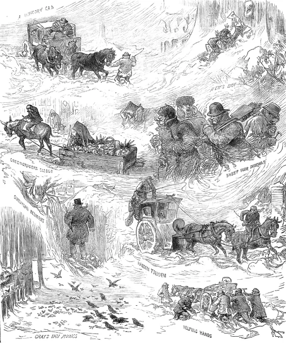 Framed Print : Sketches in London and the suburbs during the snowstorm, Tuesday, January 18, 1881. Creator: Unknown Framed Print : Sketches in London and the suburbs during the snowstorm, Tuesday, January 18, 1881. Creator: Unknown